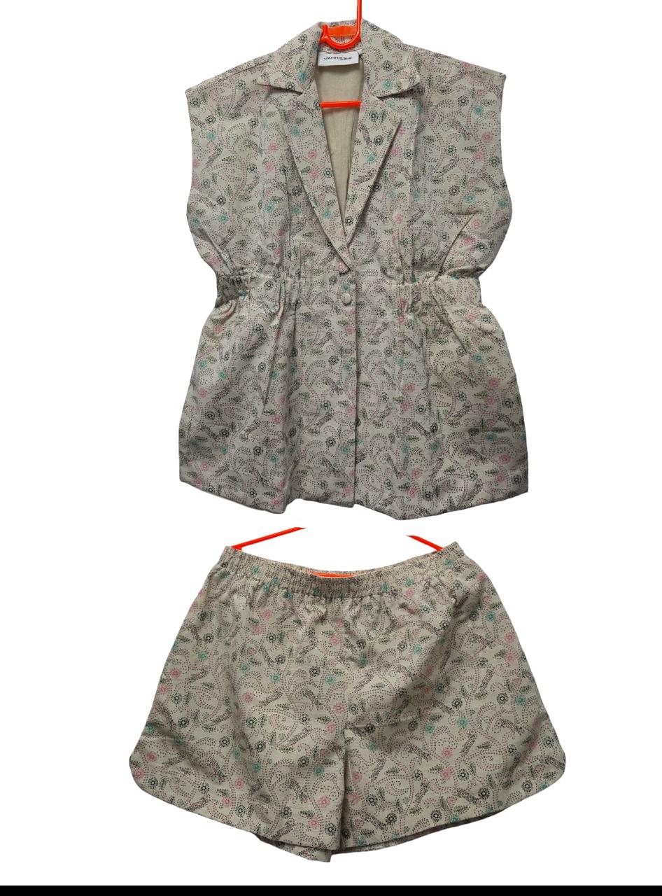 Raw product shot: printed co-ord set laid flat
